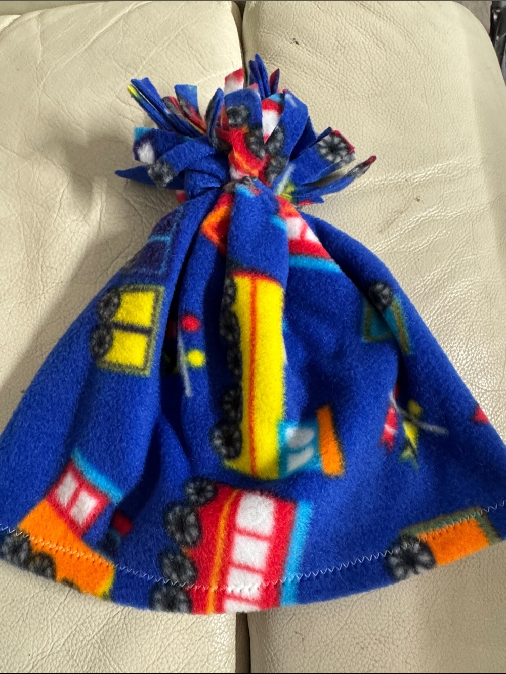 Kids Blue Train Fleece Pom Pom Hat - Soft Winter Beanie